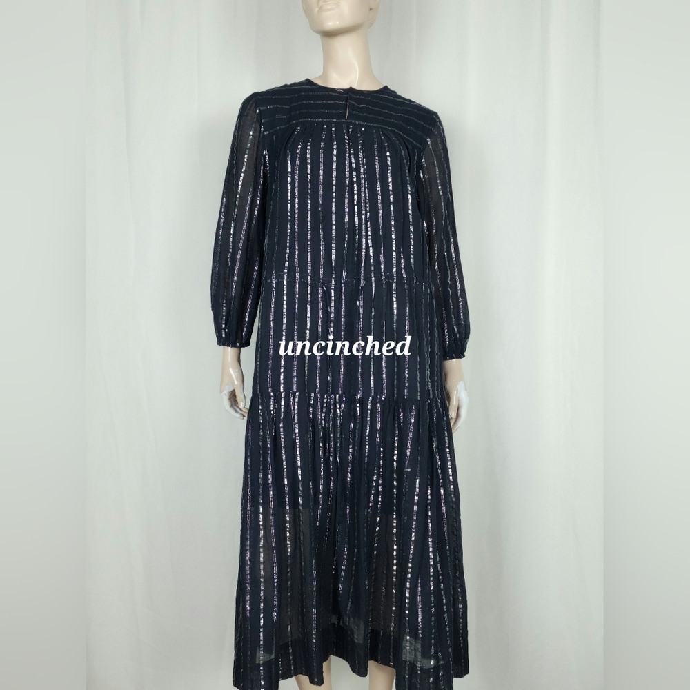 ISABEL MARANT ETOILE Women's sz 40 Black Metallic Silver Stripe Tiered Dress M - Picture 11 of 15